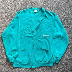 Vintage 80’s Tupperware Teal Cardigan with Pockets Jerzee’s One Size Fits Most
